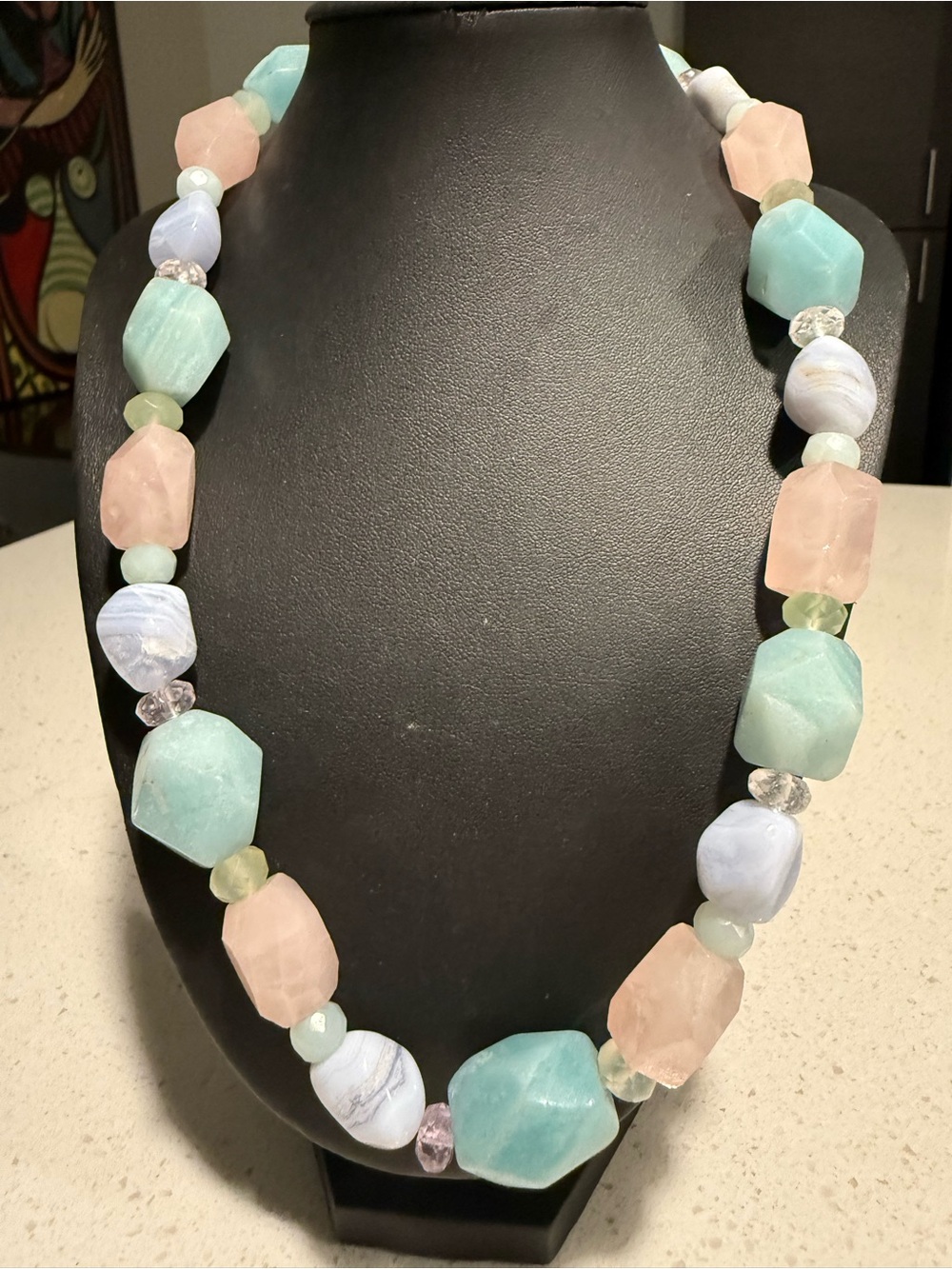 Vintage Blue Lace Agate,Rose Quartz & Aventurine Beaded clasp 925